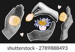 Creative vector modern pop art illustration of human hands in halftone dot style holding fresh lemons and a decorative fruit bowl. Contemporary summer design