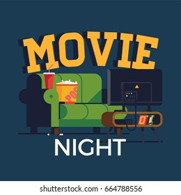 Creative vector 'Movie Night' flat design illustration. Home movie watching entertainment with green sofa couch and flat screen TV. Ideal for web, graphic and motion design