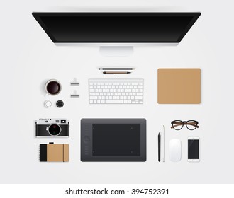 Creative vector office workspace. Top view of desktop, cup, keyboard, mouse, office objects etc.