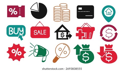 Pacote de vetor criativo de ícones financeiros e de compras, mostrando pilhas de dinheiro, etiquetas de venda, sinais de porcentagem e loja Ótimo para anúncios comerciais, infográficos e designs de sites.