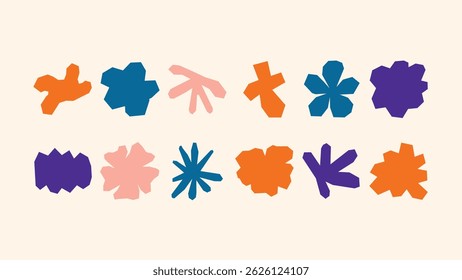 Creative vector pack with flat illustrations of sharp-angled stars, floral motifs and geometric forms — ideal for branding and product packaging.