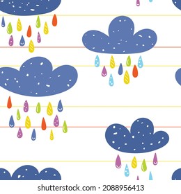 Creative vector pattern, blue clouds with colorful raindrops upon yellow lines. Seamless pattern can be used for baby and kids designs, fabric, cloth and interior decoration