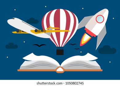 Creative vector picture with flying plane, aerostat and rocket above book in night sky. Eps vector illustration, horizontal image, flat design 