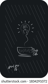 Creative vector poster or flyer for cafe or coffee shop on the black background. Logo of coffee and light bulb.