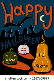 creative vector poster of Halloween with cartoon pumpkins,  grave, moon, bat and text happy Halloween for Halloween party invitation or greeting cards.  