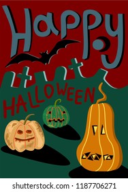 creative vector poster of Halloween with cartoon pumpkins, grave, moon, bat and text happy Halloween for Halloween party invitation or greeting cards.