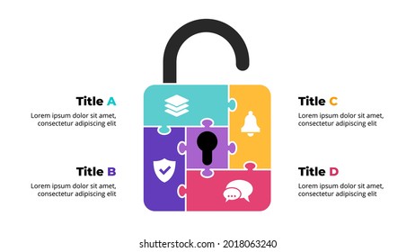 Creative vector protection puzzle infographic. Abstract shield diagram. 4 steps, options, parts. Internet security level. Digital safety chart. Simple data visualization. Web icon. 