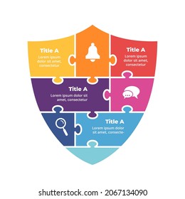 Creative vector protection puzzle infographic. Abstract shield diagram. 4 steps, options, parts. Internet security level. Digital safety chart. Simple data visualization. Web icon. 