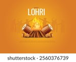 Creative vector of Punjabi festival of lohri celebration bonfire background with decorated drum.