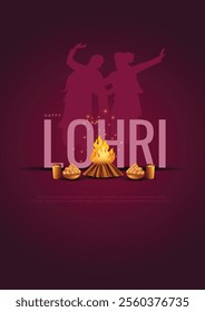 Creative vector of Punjabi festival of lohri celebration bonfire background with decorated drum.