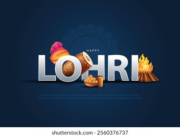 Creative vector of Punjabi festival of lohri celebration bonfire background with decorated drum.