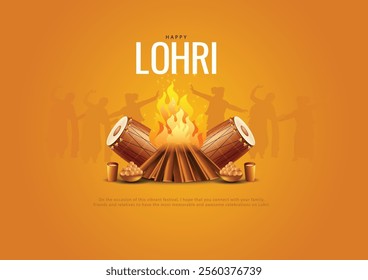 Creative vector of Punjabi festival of lohri celebration bonfire background with decorated drum.