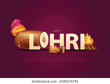 Creative vector of Punjabi festival of lohri celebration bonfire background with decorated drum.