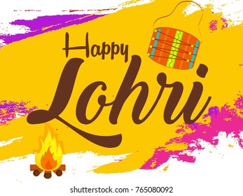 Creative vector of Punjabi festival of lohri celebration bonfire background with decorated drum.