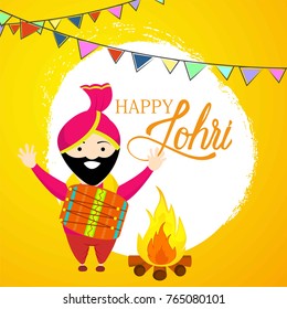 Creative vector of Punjabi festival of lohri celebration bonfire background with decorated drum.
