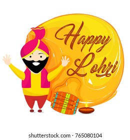 Creative vector of Punjabi festival of lohri celebration bonfire background with decorated drum.