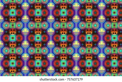 Creative vector repeating pattern of stars, circles and dots in vibrant and metalic blue, red, green and orange  festival appearnace for celebrative unique background design