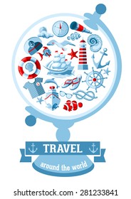 Creative vector round composition of Nautical and marine icons in flat style. 