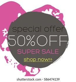 Creative vector sale banner. Pink hand drawn heart. Grey hand drawn stroke. White background.