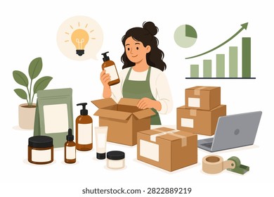 Creative vector scene showing product packaging and business growth for small brands, ecommerce sellers, handmade shops, and retail marketing