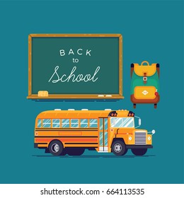 Creative vector school items: chalkboard with sample title, kids backpack and school bus in trendy flat design