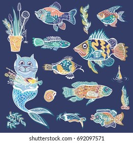 Creative Vector Sea Life Vector Set 
Sketch style outline ornamental fishes, plants and mermaid illustrations with glowing effect