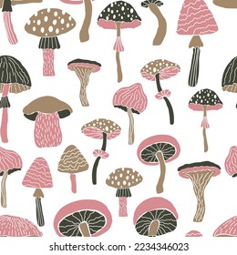 Creative vector seamless pattern with hand drawn mushrooms on white background. Modern trendy mushroom endless tile in cartoon style. 60s textile design. Boho doodle clipart.