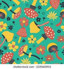 Creative vector seamless pattern with hand drawn mushrooms and flowers on emerald background. Modern trendy mushroom bloom endless tile in cartoon style. 60s textile design. Retro doodle clipart.