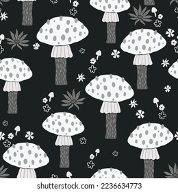 Creative vector seamless pattern with hand drawn mushrooms and flowers on dark grey background. Modern trendy mushroom bloom endless tile in cartoon style. 60s textile design. Boho doodle clipart.