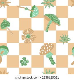 Creative vector seamless pattern with hand drawn mushrooms and flowers on chequered background. Modern trendy mushroom bloom endless tile in cartoon style. 60s textile design. Boho doodle clipart.