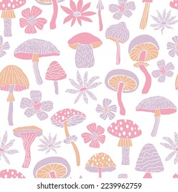 Creative vector seamless pattern with hand drawn mushrooms and flowers on white background. Modern trendy mushroom bloom endless tile in cartoon style. 60s textile design. Boho doodle clipart.