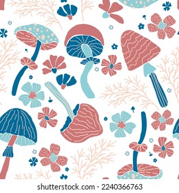 Creative vector seamless pattern with hand drawn mushrooms and flowers on white background. Modern trendy mushroom bloom endless tile in cartoon style. 60s textile design. Boho doodle clipart.