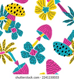 Creative vector seamless pattern with hand drawn mushrooms and flowers on white background. Modern trendy mushroom bloom endless tile in cartoon style. 60s textile design. Boho doodle clipart.