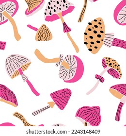 Creative vector seamless pattern with hand drawn mushrooms on white background. Modern trendy mushroom endless tile in cartoon style. 60s textile design. Boho doodle clipart.