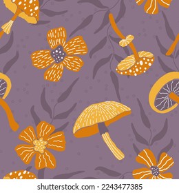 Creative vector seamless pattern with hand drawn mushrooms and flowers on lilac background. Modern trendy mushroom bloom endless tile in cartoon style. 60s textile design. Boho doodle clipart.