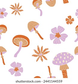 Creative vector seamless pattern with hand drawn mushrooms and flowers on white background. Modern trendy mushroom bloom endless tile in cartoon style. 60s textile design. Boho doodle clipart.