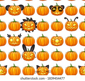 Creative vector seamless pattern of pumpkins for Halloween in the form of animals. Ideal for festive decoration,stickers, emoticons. Owl, monkey, clown, lion, panda, cat, pig, bee, rabbit.