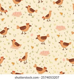 A creative vector seamless pattern, showcasing scenes from chicken farm - eggs basket, walking hens and young chickens, pecking grain. All in flat style, pastel hues set on beige background.