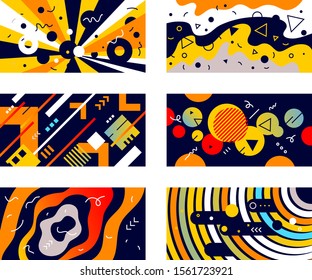 Creative vector set of abstract illustration with geometric round and wave shape on black background. Flat style bright design of abstraction with different element for web, site, social media banner