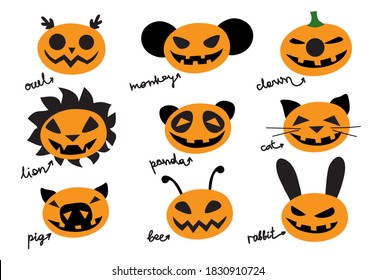 Creative vector set of gourds for Halloween in the form of animals. Ideal for festive decoration, a template for masks, stickers, smileys.Owl, monkey, clown, lion, panda, cat, pig, bee, rabbit.