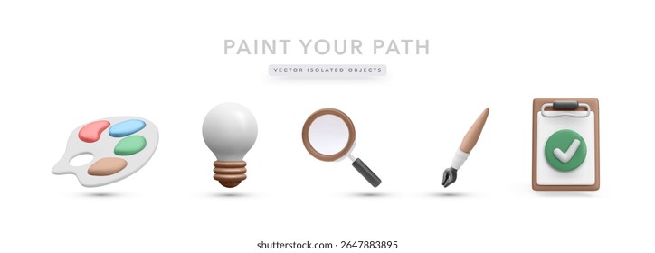 Creative Vector Set with Paint Palette, Light Bulb, Magnifying Glass, Pen Tool, and Checklist Clipboard. Ideal for Art, Design, and Research Projects. Vector Illustration.