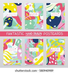 Creative vector set of six fantastic hand drawn colorful postcard templates. Universal abstract illustrations, perfect for prints, invitations, covers and posters. Artworks in trendy colors.