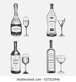 Creative vector sketch of alcohol drinks. Graphic champagne, martini, white and red wine bottles and goblets. Set used for advertising beverage in restaurant, pub menu, for poster or banner design.