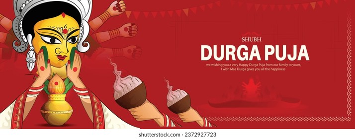 creative vector sketch illustration of Goddess Durga puja celebration for,Subh Navratri,Durga Puja religious  banner with colorful background.