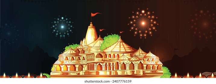 Esbozo vectorial creativo del templo shri Ram Mandir en Ayodhya, lugar de nacimiento Lord Rama con letras a mano hindi para el 22 de enero de 2024, el día de Pran Pratishtha de shri Ram.