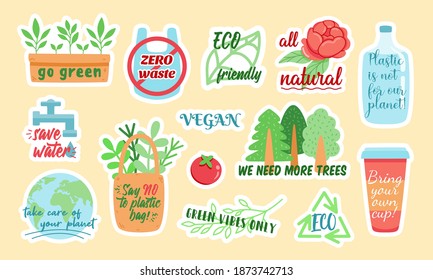 Creative vector stickers with zero waste and eco friendly colorful symbols and stylish inscriptions designed as illustrations for environmental campaign
