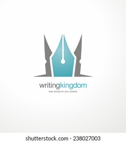 Creative vector symbol for article writing. Logo design template with crown and pen. Promotional icon shape for book editors and writers. 