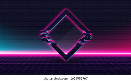 Creative vector synthwave, retrowave, vaporwave background illustration. Retro retrowave style poster. Neon cosmo synthwave music banner. Art design vaporwave template. Abstract concept glitch effect