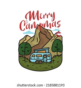 Creative vector t shirt design with camp tent placed in mountainous valley and Merry Christmas In July text against white background.