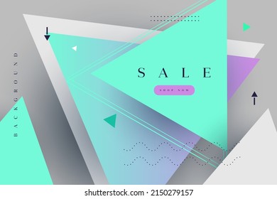 Creative vector template for banner with paper cut triangles green and purple colors and other geometric forms and lettering sale and button on the gray background